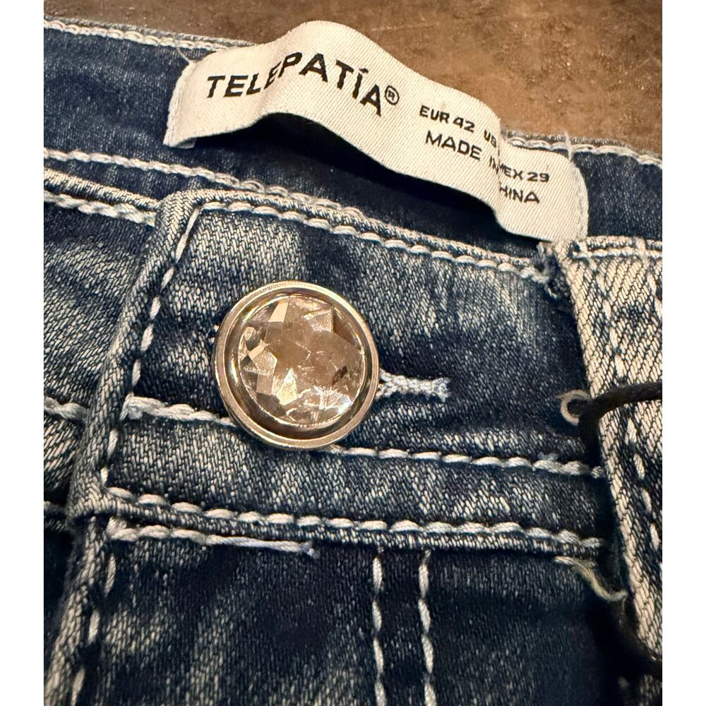 Telepatía Mid-Rise, Wide-Leg Denim Stretch Embellished Jeans Women’s 9/29 Skull - Picture 3 of 12